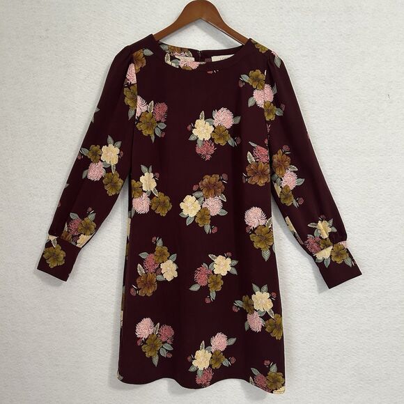 Loft Dress Women 8 Maroon Floral Long Sleeve Cottage Romantic Preppy Western - Picture 11 of 12